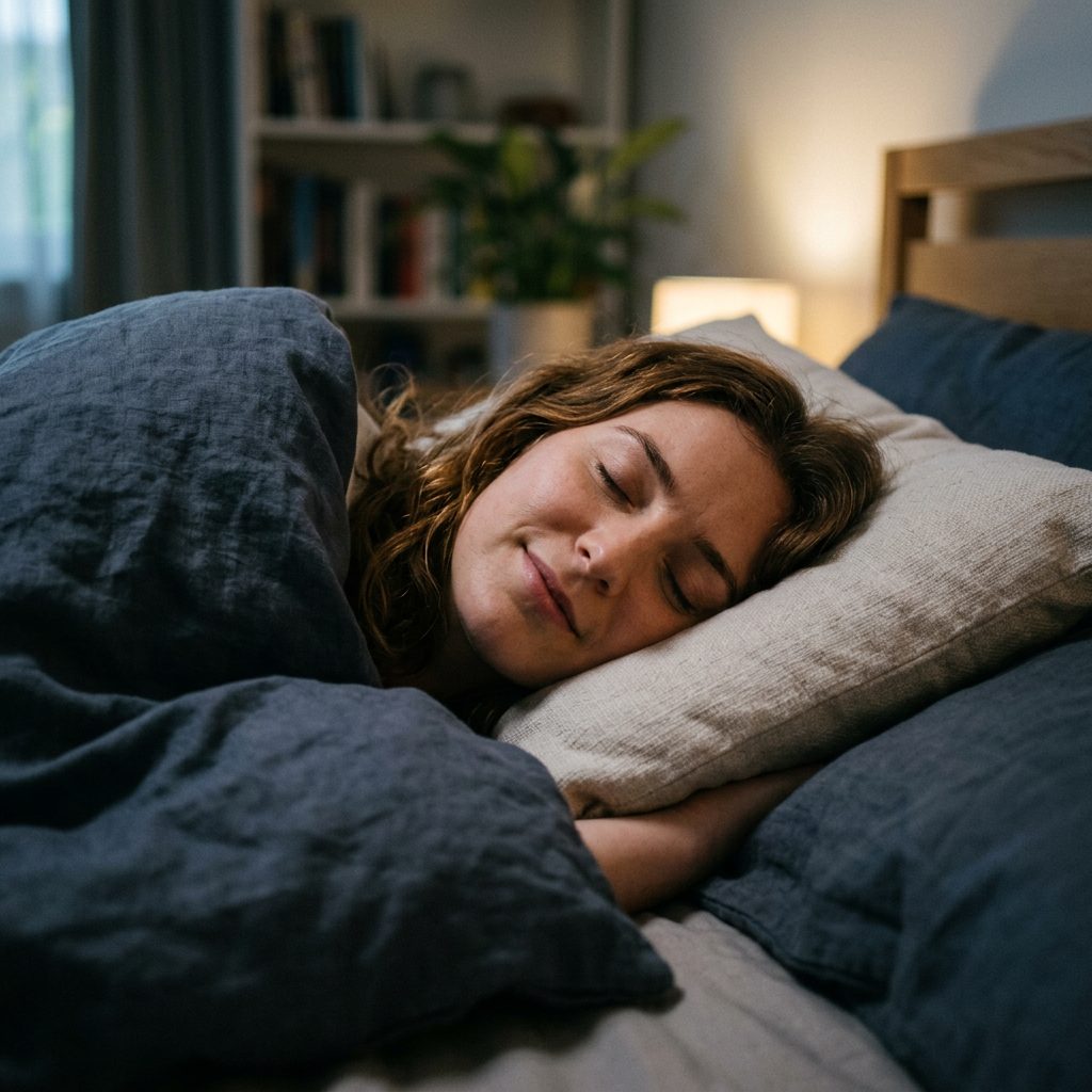 Woman sleeping peacefully on a pillow under a dark blanket in bed