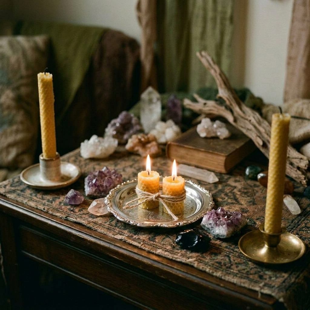 Two lit beeswax candles with a rope between them catching fire, surrounded by various crystals and a closed book on a wooden table.
