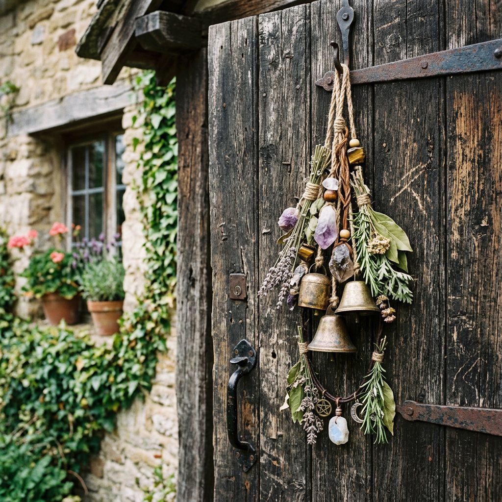 Dried herbs, crystals, wooden beads, and metal bells hanging on a dark rustic wooden door